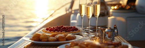 Luxurious yacht breakfast with champagne and pastries at sunrise