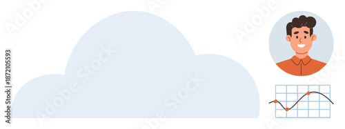 Cloud storage, data management, user profiles, analytics, technology, and online services. A large cloud with a user avatar and a graph. Cloud storage and data management visual concept