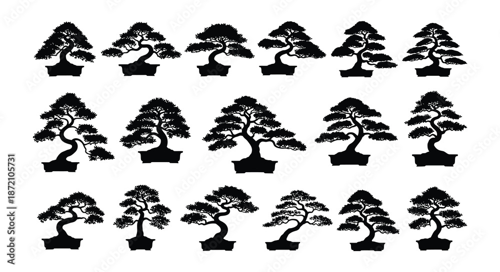 Obraz premium Collection of stylized bonsai trees in various shapes and potted arrangements