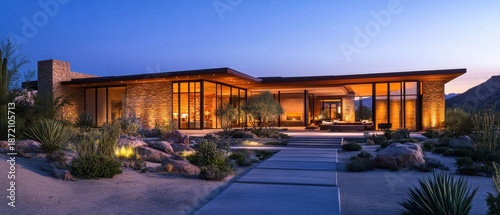 Luxurious desert retreat at twilight with modern architecture and secluded ambience