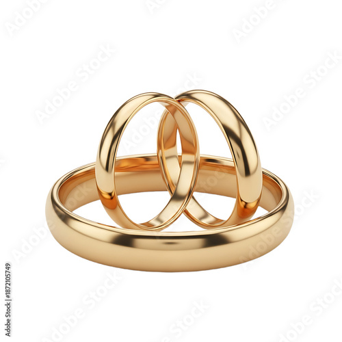Three Interlinked Gold Wedding Rings isolated on transparent background	