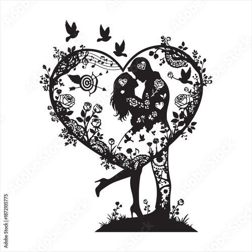 Romantic silhouette of a couple in a floral heart with flying birds and musical notes. Valentine silhouette vector.