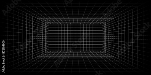 Futuristic perspective grid box. Abstract wireframe with white grid line on black background. Virtual reality landscape in 80s 90s digital style. VectorPrint