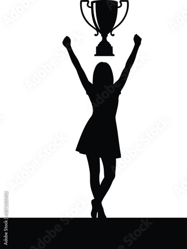 Female champion silhouette on podium with trophy, celebrating victory, success, achievement, leadership, empowerment, competition, award ceremony, winner moment