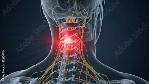 Medical illustration of human neck with highlighted spinal cord and nerves