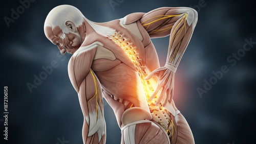 Man with back pain and glowing spine in muscular anatomy