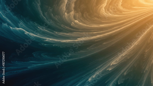 Abstract swirls of golden and teal hues create a dynamic, flowing, textured background.