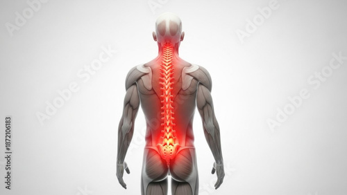 Human male body with highlighted lower back pain on spine from behind