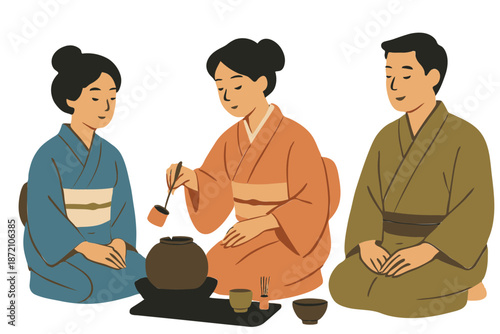  Japanese Tea Ceremony with Kimono-Clad Characters, Traditional Cultural Vector Illustration
