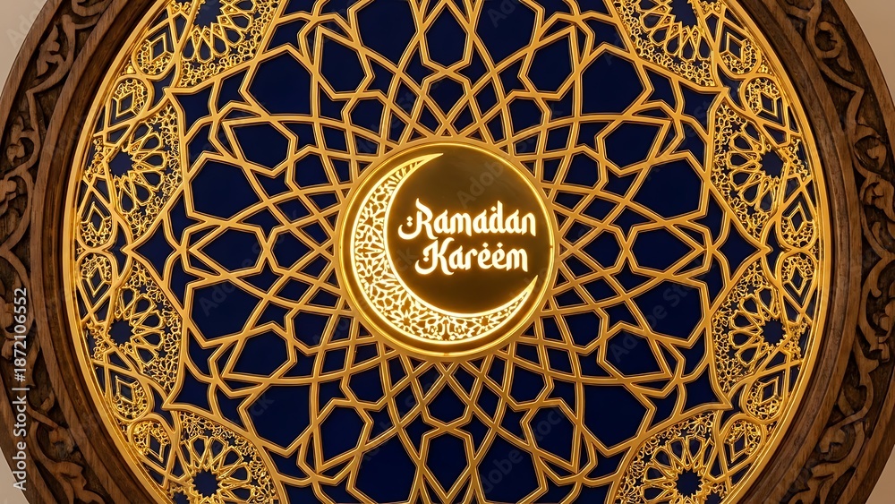 Obraz premium Ornate Golden Pattern on Dark Blue Background with Ramadan Kareem Inscription
