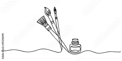 Paint brushes continuous one line drawing. Isolated on white background vector, one line Art icon drawing, One continuous line drawing of artist paint brushes and ink. Art supplies, creative hobby 
