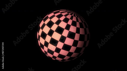 3D Checkerboard Sphere rotating on black background, Y2K retro-futuristic aesthetic motion graphic.