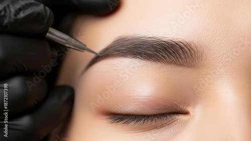 Close-up of a person's eyebrow receiving a cosmetic tattoo procedure, with a gloved hand holding the tool