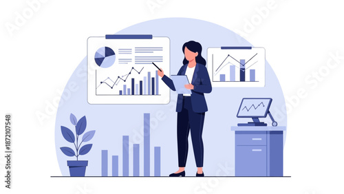 Businesswoman presenting data analysis and financial charts on a whiteboard