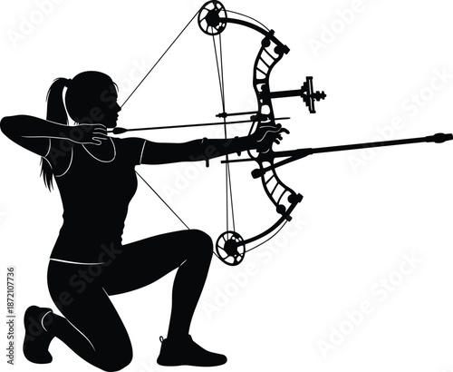 Silhouette of Archer Kneeling with Compound Bow Aiming Arrow in Precision Archery Pose for Sports, Hunting, and Outdoor Vector Design