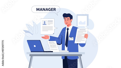 Business Manager Presents Documents and Laptop at Desk