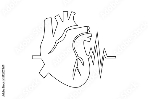 Minimalist anatomical heart single line art for medical and healthcare concept vector illustration