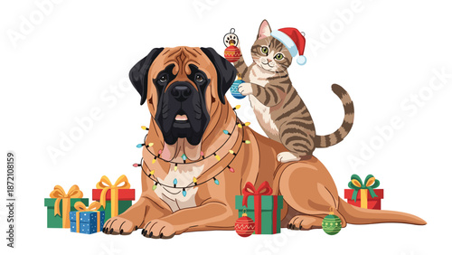 A large Mastiff dog adorned with festive Christmas lights patiently sits while a small tabby cat wearing a Santa hat playfully decorates its head, surrounded by colorful holiday gifts.