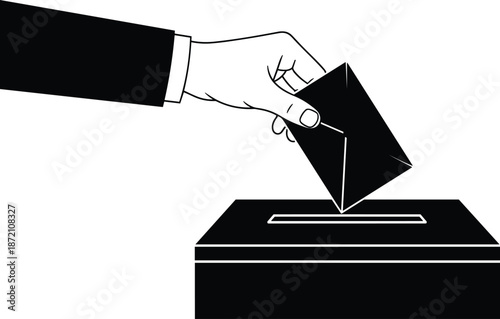 Formal hand placing envelope into ballot box illustration symbolizing voting, election, democracy, decision making, civic duty, political participation