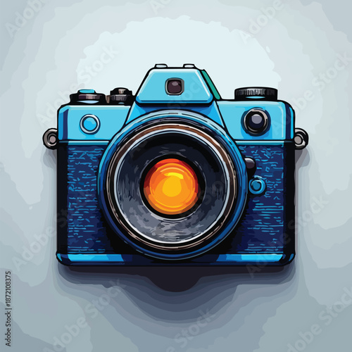 Vintage-style camera with a striking orange lens, capturing a retro aesthetic.