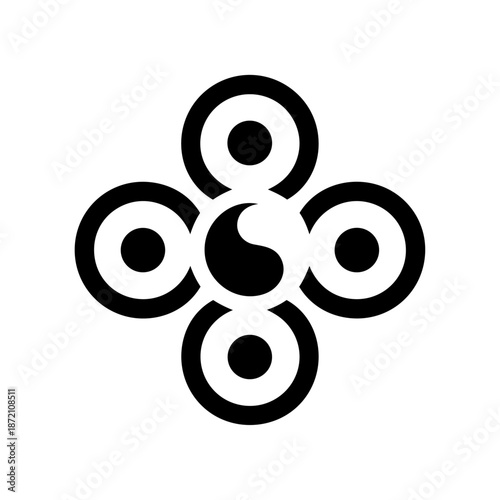 Circular arrangement of four bold rings around a central curve, conveying cooperation, structure, and a stable system in motion.
