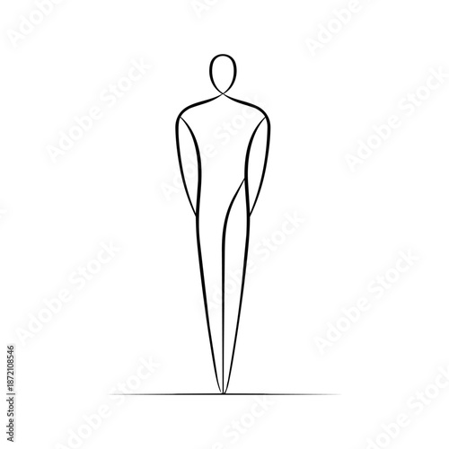 Single continuous line human figure standing upright, conveying simplicity, presence, and self-awareness, ideal for wellness, mindfulness, and human-centered design themes.