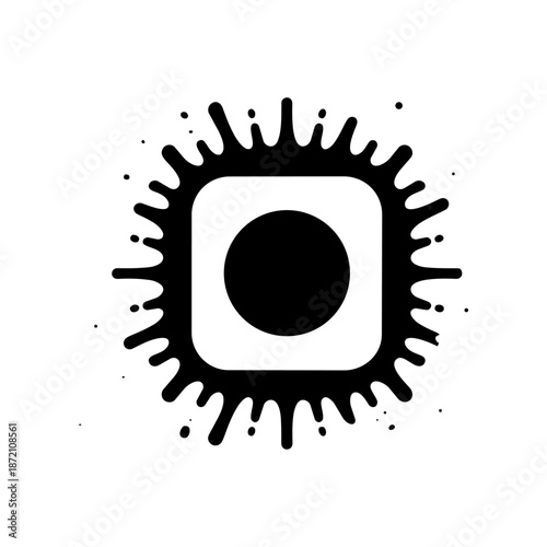 Square form with central circle surrounded by expressive paint splashes, conveying creativity, spontaneity, and bold artistic expression.