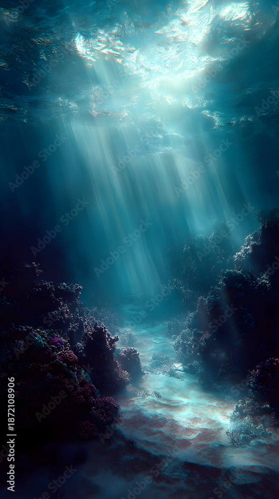 Obraz premium Sunlight filtering through the deep ocean water illuminating the coral reef below, creating a serene and mystical underwater scene
