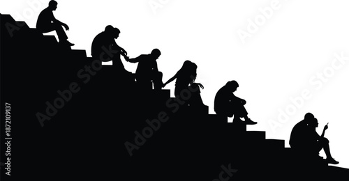 People sitting on stairs silhouette expressing loneliness depression contemplation social isolation mental health struggle urban lifestyle concept illustration