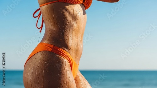 Sunkissed, wet, toned body in vibrant orange bikini by the sea under a clear blue sky