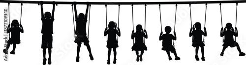 Children Playing on Swingset Silhouette – Fun Playground Activity, Kids Outdoor Recreation, Childhood Motion, Group Interaction, Black Vector Art