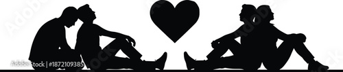 Romantic couple silhouette illustration with heart symbol showing love connection relationship concept for Valentine wedding poster design