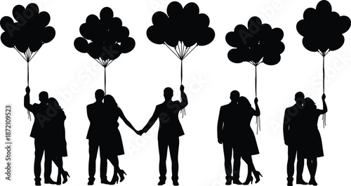 Romantic couples silhouette holding heart shaped balloons symbolizing love relationship celebration valentine wedding romance togetherness happiness