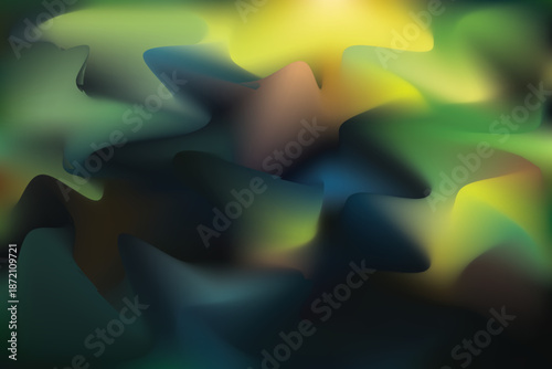 An abstract vector-style background featuring smooth organic shapes blended with vibrant green, yellow, teal, and deep blue gradient tones. The soft blurred transitions and fluid motion create 