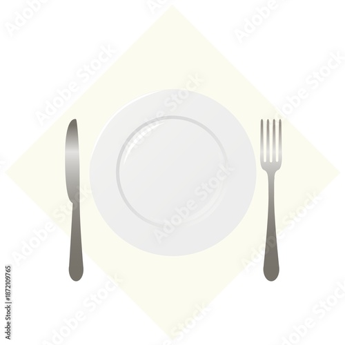 Illustration on a transparent PNG background. Tableware set - plate, fork, knife.