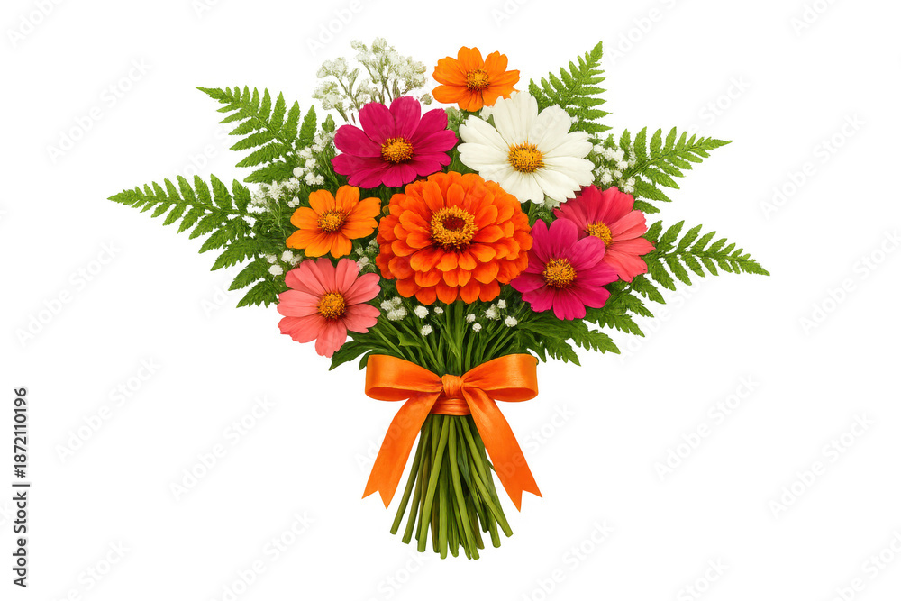 Obraz premium Colorful flower bouquet featuring zinnias, cosmos, and ferns, tied with an orange ribbon, celebrating special occasions