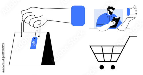 E-commerce, retail, online purchasing, digital sales, customer communication, shopping discounts. A hand holds a bag, a man interacts on a tablet and a shopping cart nearby. E-commerce and retail