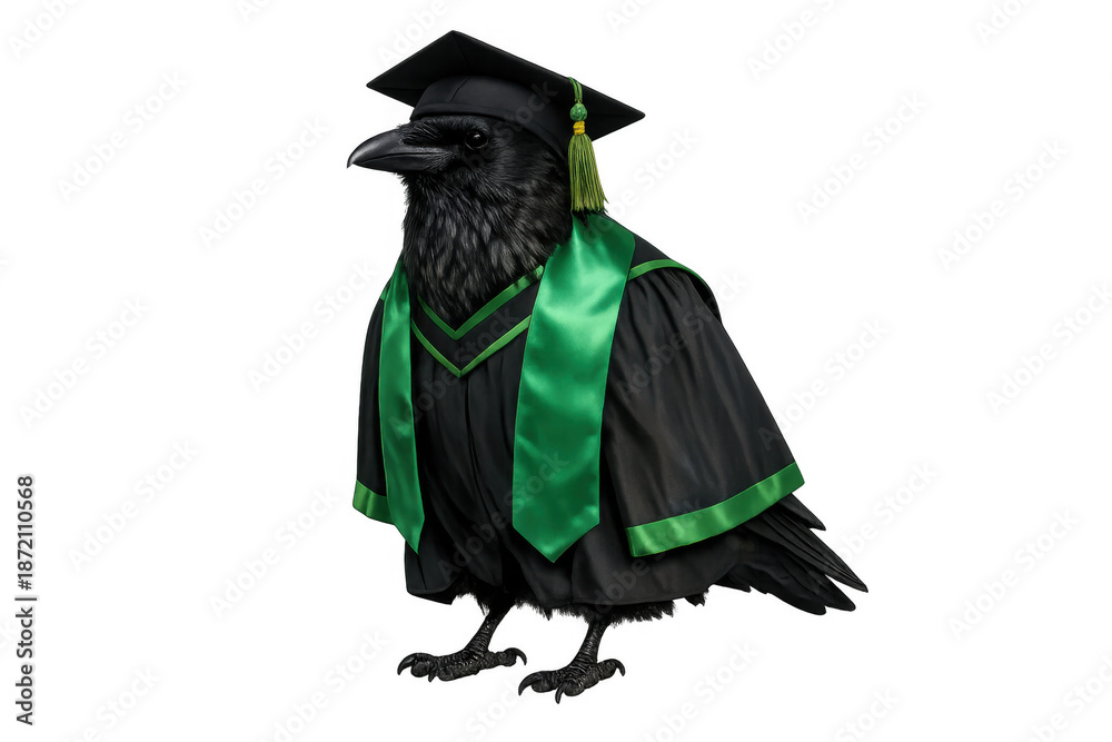 Fototapeta premium Raven wearing academic cap, gown, and green stole, symbolizing knowledge, education, and success on transparent background