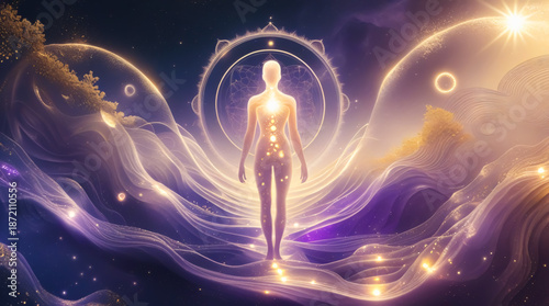 Silhouette of a human figure, fractal patterns, cosmic light rays, purple tone. Chakras. Enlightenment, transformation, spiritual awakening. Sci-fi, spirituality, futuristic, meditation, metaphysic