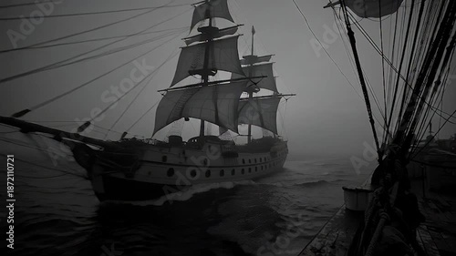Eerie Voyage - Ghostly Ships Sailing Through a Misty Sea.
