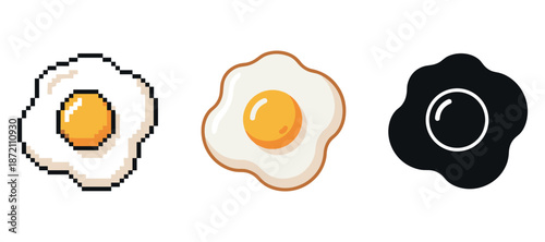 Pixel art, cartoon, and silhouette fried egg variations on white background