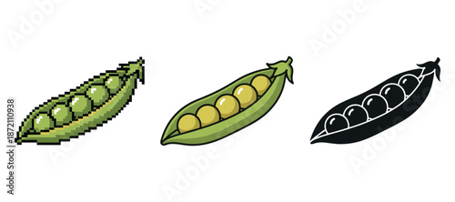 Variety of pea pod illustrations: pixel art, vector style, and silhouette