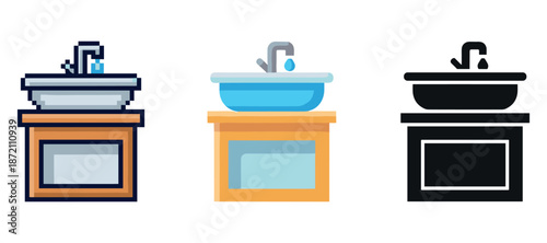 Three stylized sink icons with faucets and basins in different artistic designs