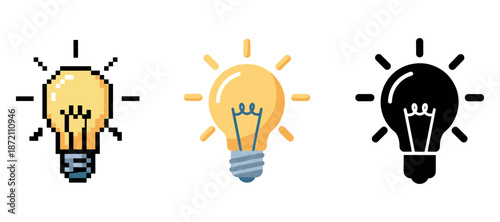 Pixelated, flat, and silhouette light bulb designs on white background