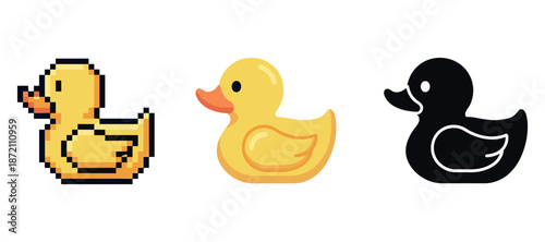Pixelated, cartoon, and silhouette yellow duck icons on white background