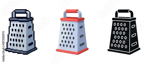 Set of three artistic graters: pixel, colorful, and silhouette designs