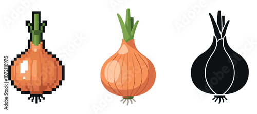 Three onion designs: pixel art, realistic illustration, silhouette