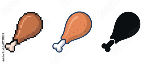 Pixelated, cartoon, and silhouette drumstick illustrations on white background