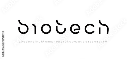 Technology font, digital cyber alphabet, Latin letters A, B, C, D, E, F, G, H, I, J, K, L, M, N, O, P, Q, R, S, T, U, V, W, X, Y, Z and Arab numerals 0, 1, 2, 3, 4, 5, 6, 7, 8, 9 space style