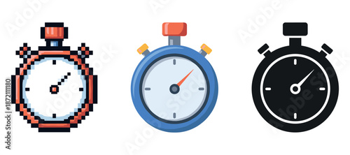 Digital and analog stopwatches: pixel art, cartoon, minimalist designs